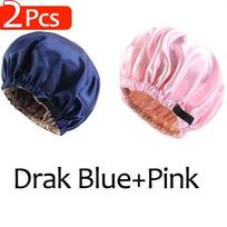 2Pcs Set Large Satin Bonnet Silk Night Sleeping Cap Long Satin Bonnet With Head Tie Band Bonnet Edge Wrap For Women Hair blue