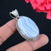 Mėlyno nėrinių agato brangakmenio pakabukas, masyvus 925 prabos sidabro pakabukas, papuošalas, dovana unisex white