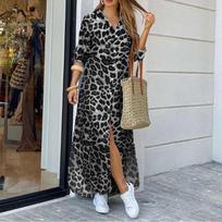 Moteriška, leopardo rašto suknelė, apverčiama apykakle, pusiau rankovė, medvilnė, laisvomis rankovėmis, laisvalaikio šoninės kišenės Marškiniai, sijonai, didieji suknelės S kava