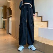 Korean Version of The Ins Tide Loose Straight High Waist Thin Black Handsome Overalls Female BF Strappy Casual Pants S