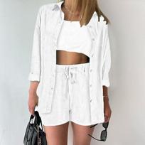 IHUASU Solid Color Loose Stretch Crepe Long Sleeve Shirt Wide Leg Shorts Casual Suit Women S balta