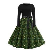 Women Christmas Print Flare Dress Long Sleeve O-Neck Dress Party Casual Dresses L žalia
