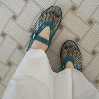 Round Toe Design Fish Mesh Hollowed Out Ballet Shoes Summer Blue Fashionable Flat Bottomed Belt Buckle Single Shoes 40