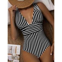 2024 New Striped One Piece Swimsuit Vintage Swimwear Women V-neck Bathing Swimming Suit Female Summer Beachwear Bodysuit M juoda