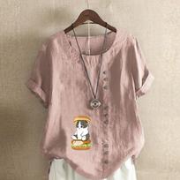 Women's Fashion Burger Cat Prined Round Neck Short Sleeve T-shirt Casual Cotton Linen Graphic Shirt Leisure Loose Summer Blouse Tops S rožinė