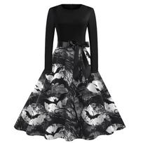 Halloween Print Flare Dress For Women Long Sleeve Dress Hollow Party Casual Dresses XL balta