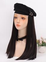 Beret hair extensions, long straight synthetic black wig extensions, suitable for women's daily wear 20inch
