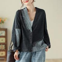 Moteriškas džinsinio švarko mygtukas Laisvas kutas, mėlynas sujungimo dizainas Vintage Cardigan XXL