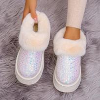 Bling Sequin Fur Ankle Boots Women Winter Faux Fur Non-Slip Plush Snow Boots Woman Outdoor Thick Bottom Warm Cotton-Padded Shoes 36 white