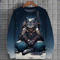 Retro Hoodies For Men Sweatshirts Pullover 3d Samurai Cat Print Long Sleeve T-Shirt Tops Autumn Fashion Oversized Men Clothing 5XL gray