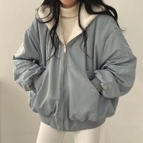 Winter Korean Fashion Thickened Lambswool Coat Women Vintage Two-Sided Wear Patchwork Jacket New Zipper Hooded Cotton Outerwear S mėlyna