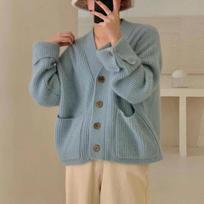 Korean Style V-neck Soft Waxy Sweater Women's Autumn and Winter New Single-breasted Loose All-match Lazy Style Knitted Cardigan Jacket Trendy ONE SIZE šviesiai mėlyna spalva