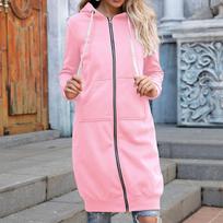 Autumn and Winter Plus Size Fleece Warm Women's Hoodie Fashion Loose Mid Length Zipper Hoodies Jacket Women Street Solid Casual Sweatshirt Coat 24898 S rožinė