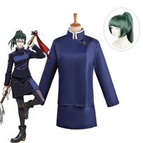 Jujutsu Kaisen Zenin Maki Cosplay Costume Japanese Anime Game Uniform M-(Costume+Wig) blue