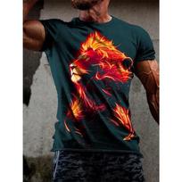 Summer Burning Lion Men's Casual Loose Short Sleeved T-shirt Gradient Color 3D Printed Round Neck T-shirt Fire S