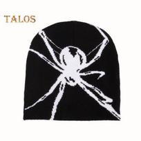 Unisex Helovino kepurė voras su aplikacijomis megzta tamprus kupolas ausų apsauga hip-hop gatvės stiliaus Helovino vakarėlio klubo kepuraitė suaugusiems žieminė beanie juoda