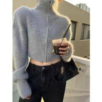 Fashion Loose Zipper Turtleneck Sweater Jacket Women Autumn Solid Long Sleeve Knitted Jackets Female Winter Solid Casual Short Knitwear Coats 25017 One Size pilka spalva