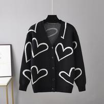 Autumn and Winter Long Sleeve Casual Knitted Sweater Coat Women Heart Print Short Cardigan Jacket Woman Fashion Button Up Casual Cardigans Tops 25149 One Size juoda