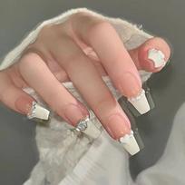 10pcs/set Handmade French Light Therapy Manicure Love Puff Wearable Removable False Nail Stickers XS extra small gray