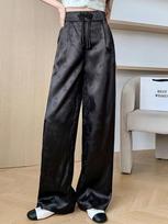 Women Satin Finish Loose Straight Pants Spring Fall Casual High Waist Pantalones 2024 Solid Streetwear Vintage Wide Leg Spodnie S juoda
