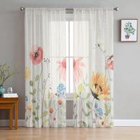 Pavasario akvarelės lapai Retro miegamojo skaidrios permatomos užuolaidos šventinės dekoracijos langas Voile tiulio užuolaidos 135W x 114H(cm) white