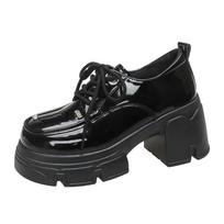 Women's  Spring and Autumn Lefu Shoes with a height increase of less than 8cm, patent black thick soled women's shoe 35