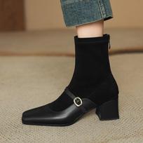 Krazing Pot Cow Skin Flock Vintage Autumn Winter Shoes Modern Boots Med Heels Square Toe Keep Warm Size 43 Elastic Ankle Boots 34 juoda