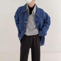 Retro Dark Blue Denim Jacket Men'S Tide Korean Version Loose Versatile Lapel Multi-Pocket Casual Tooling Jacket M mėlyna
