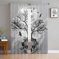 Skeleton Tree Branch Bird Skull Sheer Curtains for Living Room Modern Voile Curtain Bedroom Tulle Curtains Window Drapes Decor W135 x H114cm x2 white