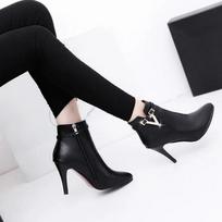 Fashion Botas Mujer Invierno 2024 Autumn Stiletto Thin High Heels Woman Pointed Toe Pu Leather Zipper Sexy Ankle Womens Boots Black 35