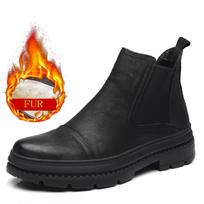 Madingi odiniai batai vyrams Žieminiai batai su kailiu Vyriški Chelsea batai Su papildomu aksomu Odiniai motociklininko ankle boots Vyriški batai Lauko sniego batai 38