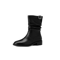 Krazing Pot Cow Leather Winter Round Toe Low Heels Fashion Boots Women Slip on Metal Buckle Retro Elegant Women Mid-calf Boots 34 juoda