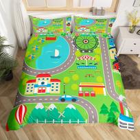 Racing Car Track Duvet Cover Queen for Kids Boys,Construction Vehicle Grey Bedding Set Red Cars Road Traffic Quilt Cover 3 Pcs EU Single(135x200cm) blue