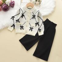 Girl's Bow Sweater Cardigan+Knitted Wide Leg Pants Two-piece Set 120 balta