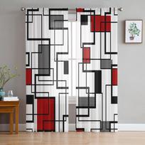 Abstract Geometry Squares Modern Art Black Red Sheer Curtains for Living Room Decor Window Curtains Kitchen Tulle Voile Curtains W135 x H115cm x1