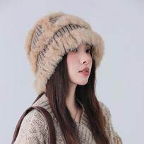Real rabbit fur knitted hat women's autumn and winter warm wool hat cold-proof plush bag head showing face small fur bucket hat M（56-58cm） juoda