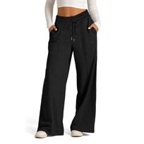 Women's Spring Solid Color Mid Waist Tie Cord Wide Leg Pants Casual Comfortable Commuter Trousers 2XL juoda