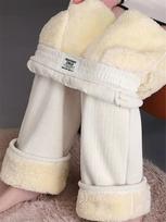 Winter Solid Elegant Lined Wide Leg Pants Casual Thicken Warm Baggy Sweatpants Women High Waist Korean Lamb Fluff Straight Pantalones S smėlis