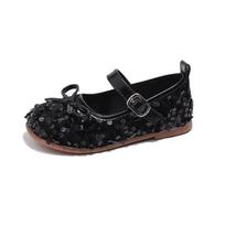 Kids Leather Shoe Glitter Versatile Ballet Flats for Girls Fashion Causal Children Elegant Princess Performance Shoes Soft Soled 24 juoda