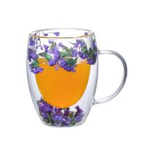 YWDL dvigubos sienelės stikliniai kavos puodeliai, dvigubai izoliuotas stiklinis puodelis mergaitei, Kalėdinė dovana, 350 ml gėlių dizainas 350ml violetinė