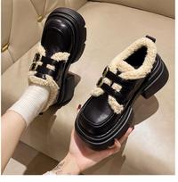 Amy and Michael Cute Girls Uniform Chunky Princess Shoes Female Women Brown Platform Pumps Retro Loafers Winter Warm Plush Shoes 35 juoda