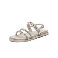Pearl Rhinestones Flat Sandals Diamonds Flat Shoes Black Beige Crystals Beach Shoes Platform Sandals Sandalias Mujer Bing Bling 35 smėlis