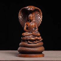 Vintage Serpent Buddha Statue, Huangyang (Boxwood), Wooden Carving, Antique Style Buddha Sculpture šviesiai pilka spalva