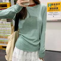 Dopamine autumn and winter wear high-end color-blocked round neck pullover sweater for women with slim long-sleeved bottoming top One Size gray
