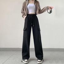 Spring Women's Cotton Bomb Cargo Pants Women's High Waist Drawstring Multi Pocket Tie Feet Straight Leg Wide Leg Pants XS juoda