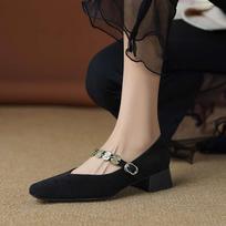Krazing Pot Sheep Suede Summer Spring Crystal Autumn Med Heels Buckle Straps Women Square Toe Shallow Pumps 35 juoda