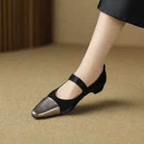Krazing Pot Cow Skin Summer Spring Autumn Low Heels Women Metal Buckle Straps Mary Janes Shallow Pumps 35 juoda