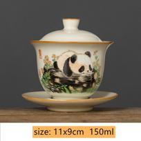 Chines Hand-painted Panda Ceramic Gaiwan Ru Kiln Teacup Handmade Beauty Tea Infuser Household Travel Tea Bowl Portable Teaware beige