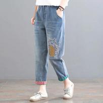 Jeans Women's Spring and Autumn Korean Version of The Large Size Covering Meat Cartoon Embroidery Patch Western Style Nine-point Harem Pants XXXL mėlyna