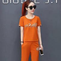 Casual Short-sleeved Cropped Pants Sports Suit Women's Summer Loose Fashion Two-piece Suit S oranžinė